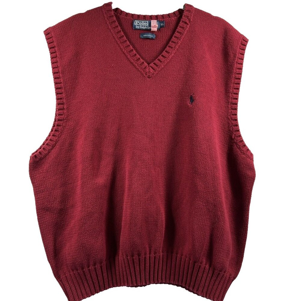 Polo Ralph Lauren Men's Sweater Vest XL Dark Red Blue Pony 100% Cotton Pullover